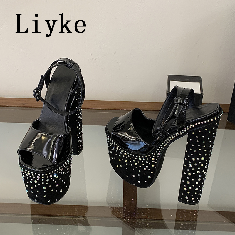 Street Fashion Shoes - Liyke 패션 크리스탈 라인스톤 두꺼운 하이힐