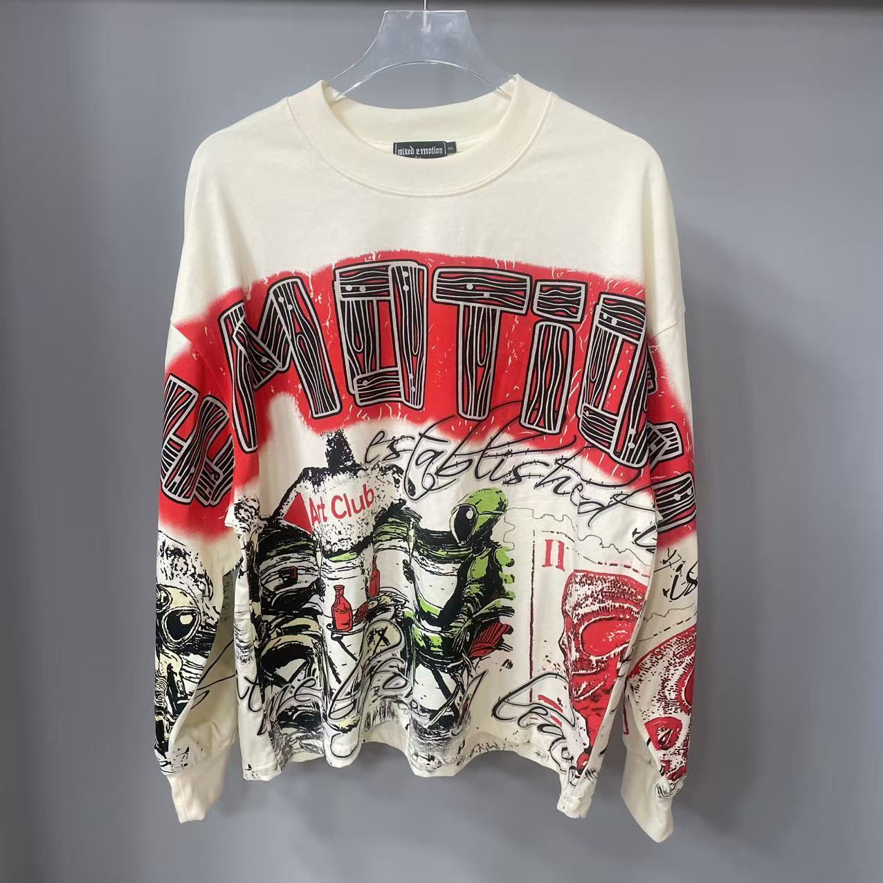Street Fashion Designers - 고품질 디자이너 MIXED-EMOTION 긴팔 티셔츠 100%