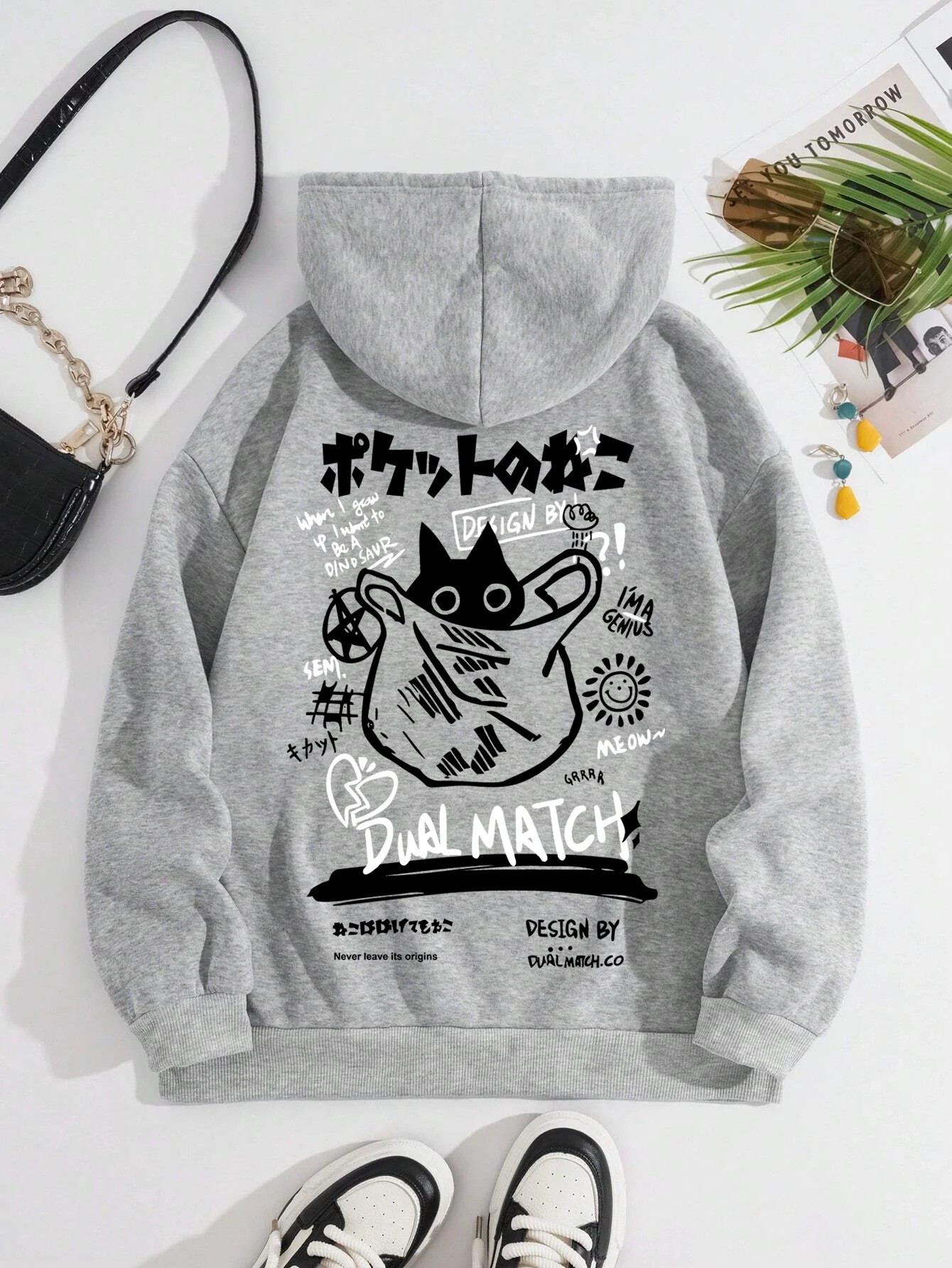 Street Fashion Of Japan - 일본 스타일 검은 고양이 후드티 남성