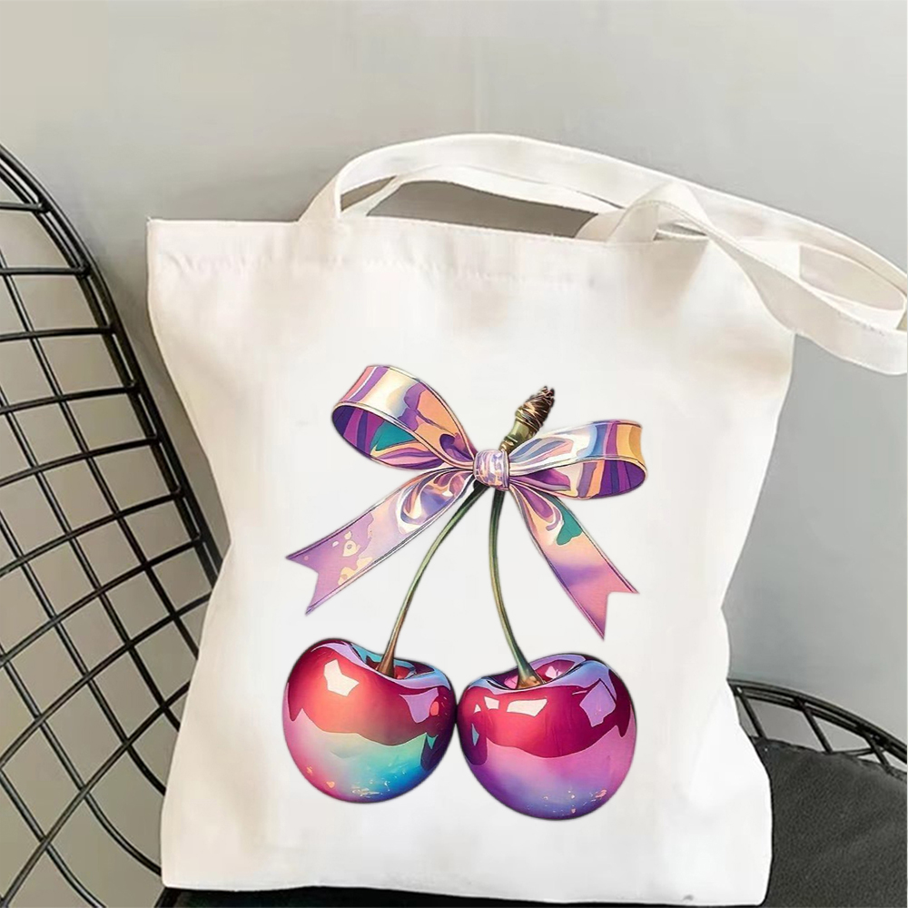 Tote Bag Canvas Print - 빈티지 핑크 리본 체리 아트 캔버스