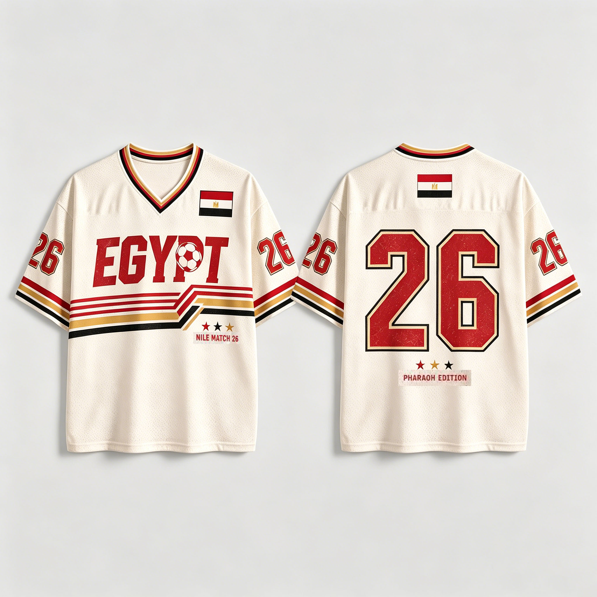 Street Fashion Egypt - 2026 이집트 레트로 V넥 축구 티셔츠