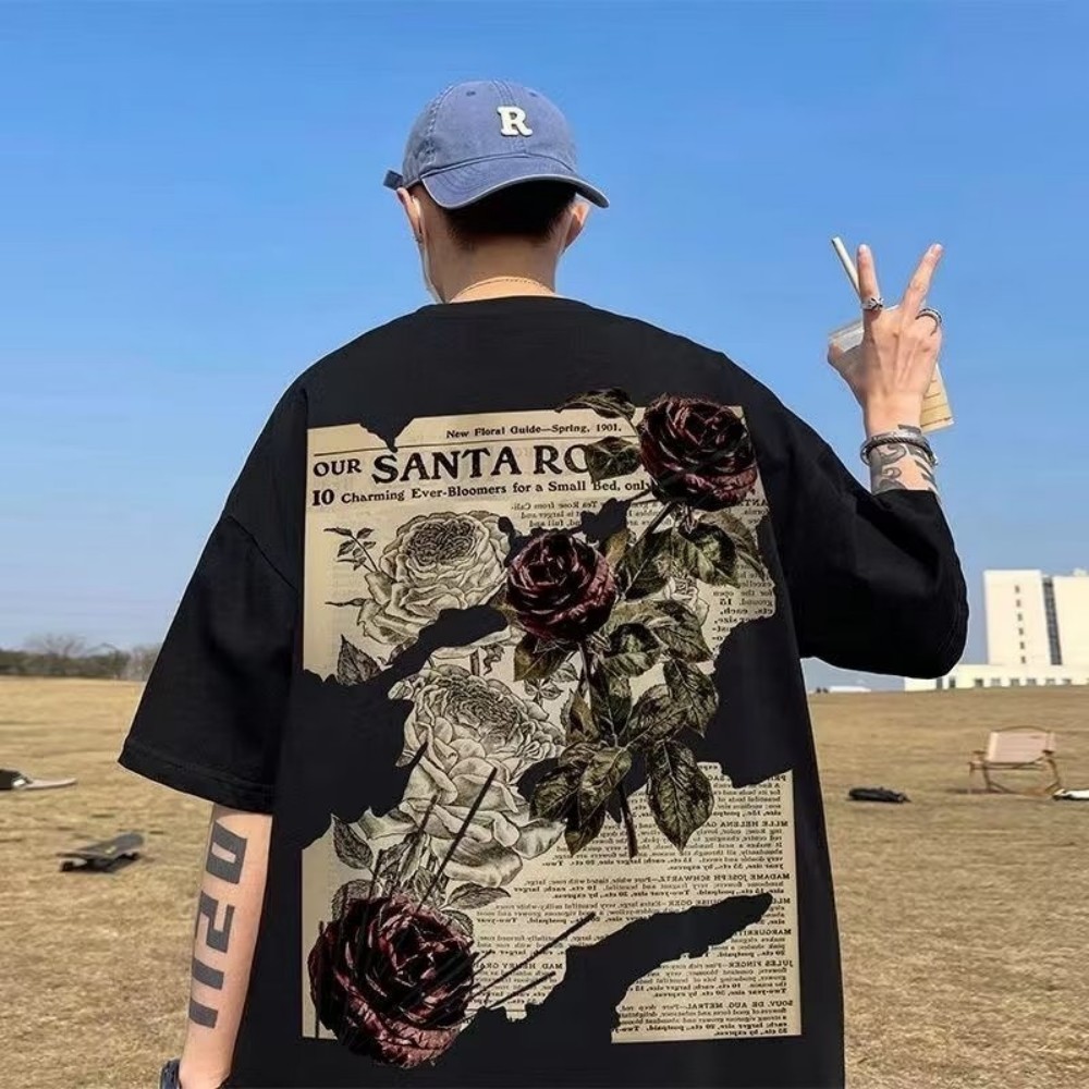 여름 패션 남자의 통기성 라운드 넥 티셔츠 로즈 올드  - Street Fashion Urban 리뷰 및 가격