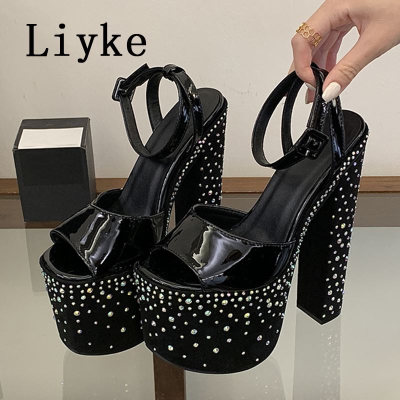 Liyke 패션 크리스탈 라인스톤 두꺼운 하이힐 청키  - Street Fashion Shoes 리뷰 및 가격