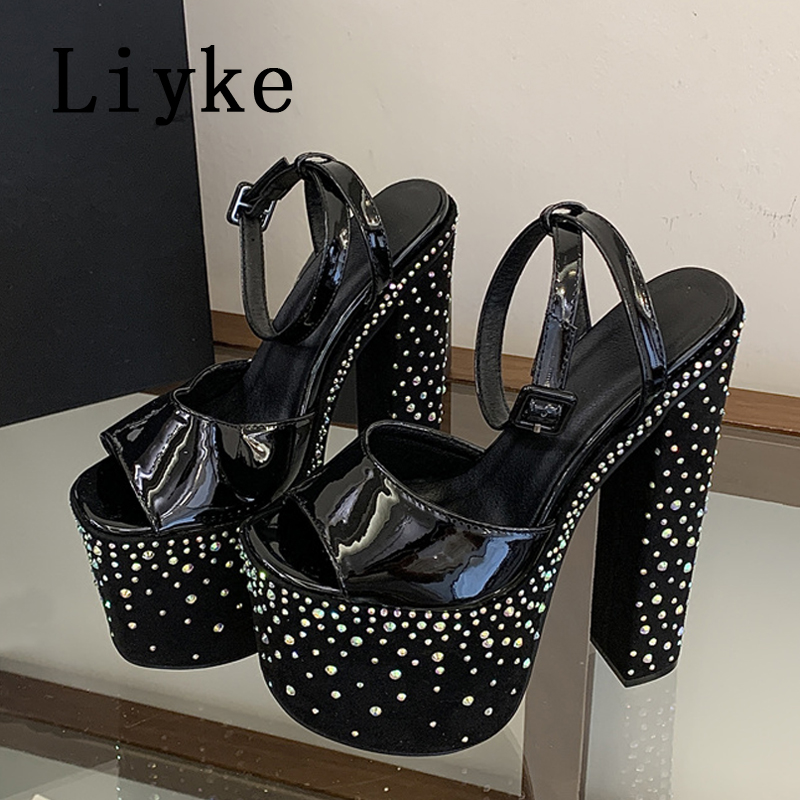 Liyke 패션 크리스탈 라인스톤 두꺼운 하이힐 청키  - Street Fashion Shoes 리뷰 및 가격