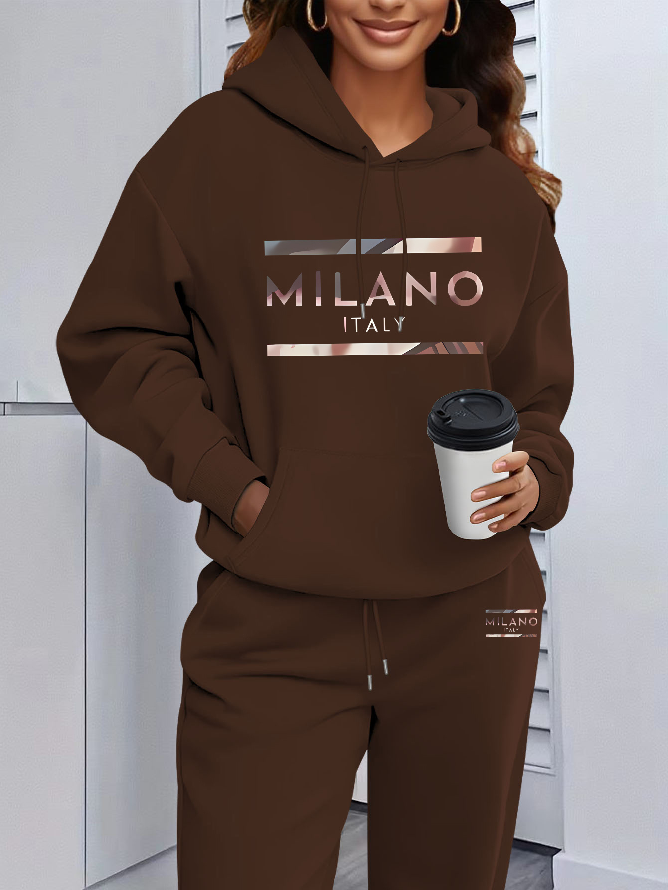 여성용 밀라노 레터 프린트 후드 티셔츠 & 스웨트 팬츠 - Street Fashion Milano 리뷰 및 가격