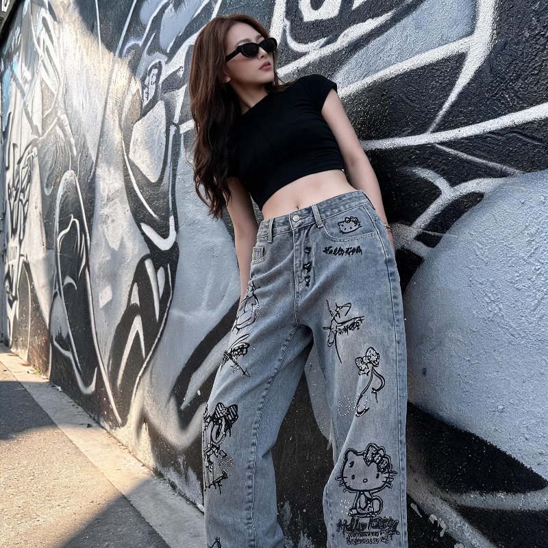 귀여운 케이오키티 라인스톤 그래피티 스트릿 Y2K 패션 - Street Fashion Of Japan 리뷰 및 가격