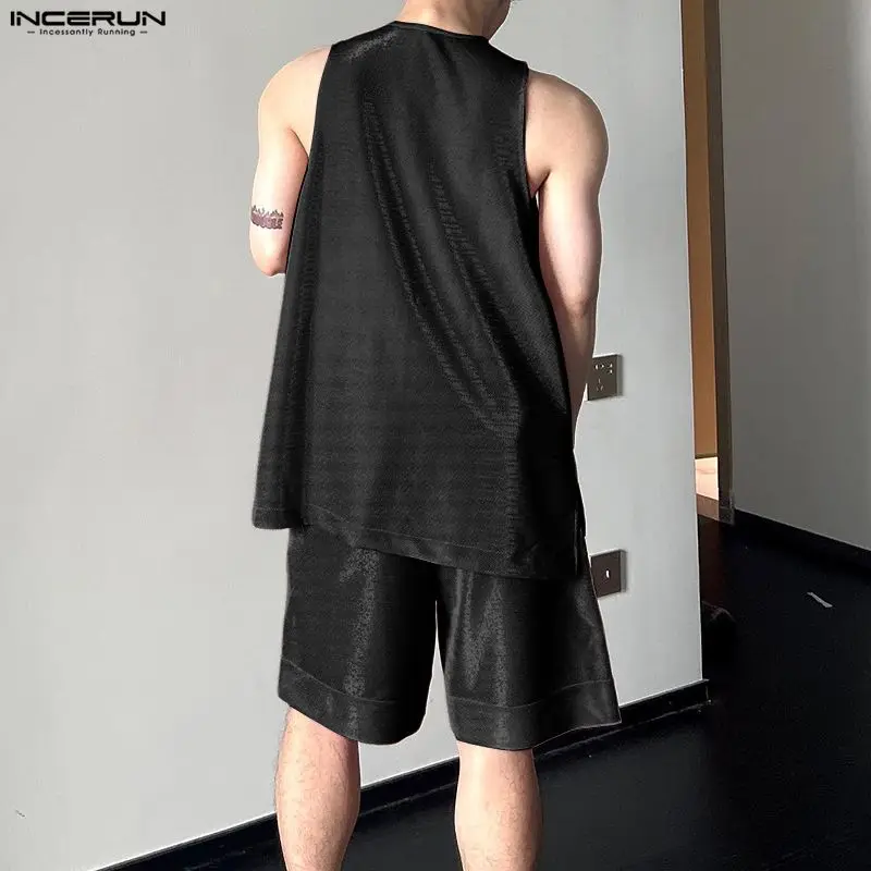 INCERUN 남성 세트 반짝 이는 솔리드 오 넥 민소 - Fashion Streetwear 리뷰 및 가격