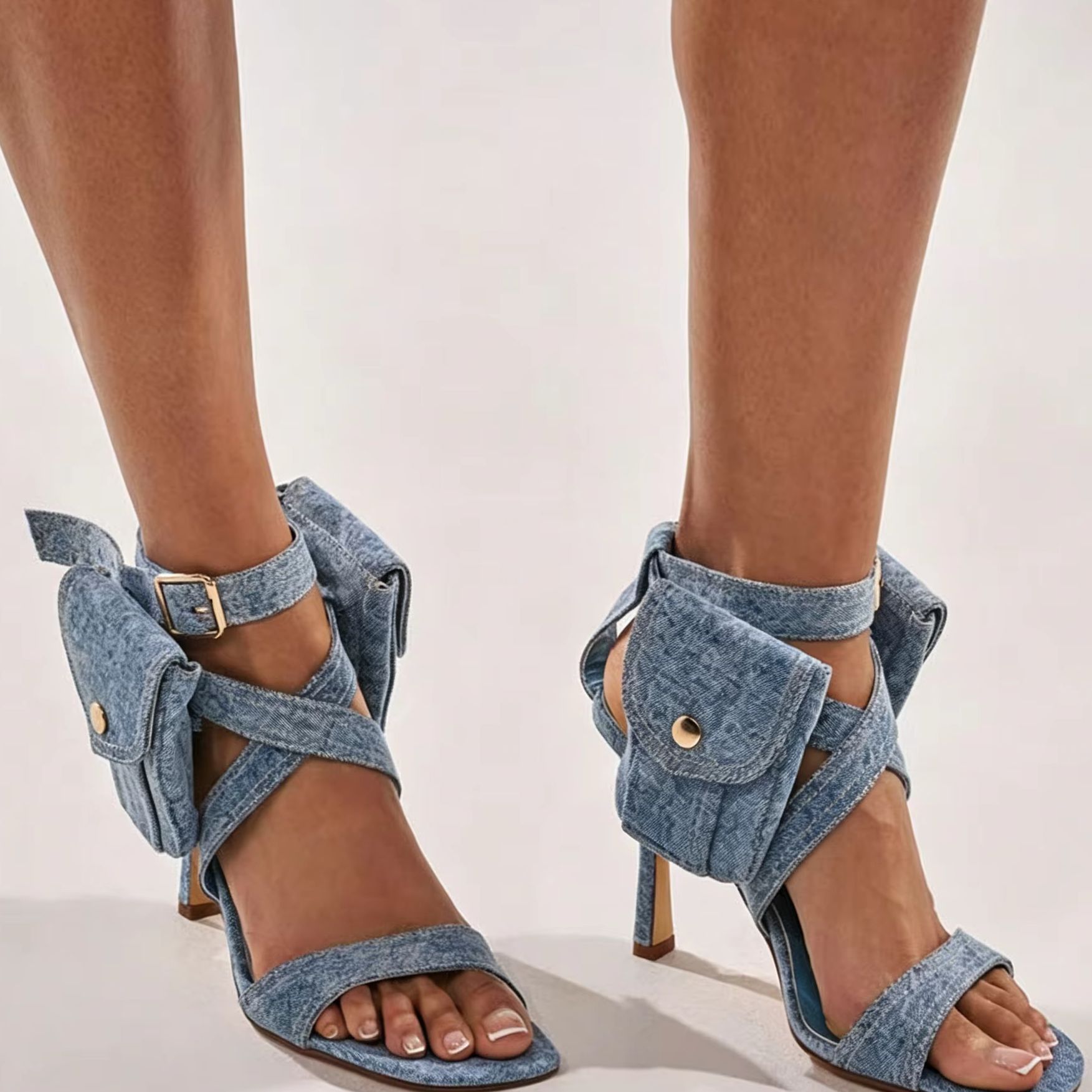 여성 블루 데님 포켓 발목 스트랩 섹시 스퀘어 토 스틸 - Street Fashion Shoes 리뷰 및 가격