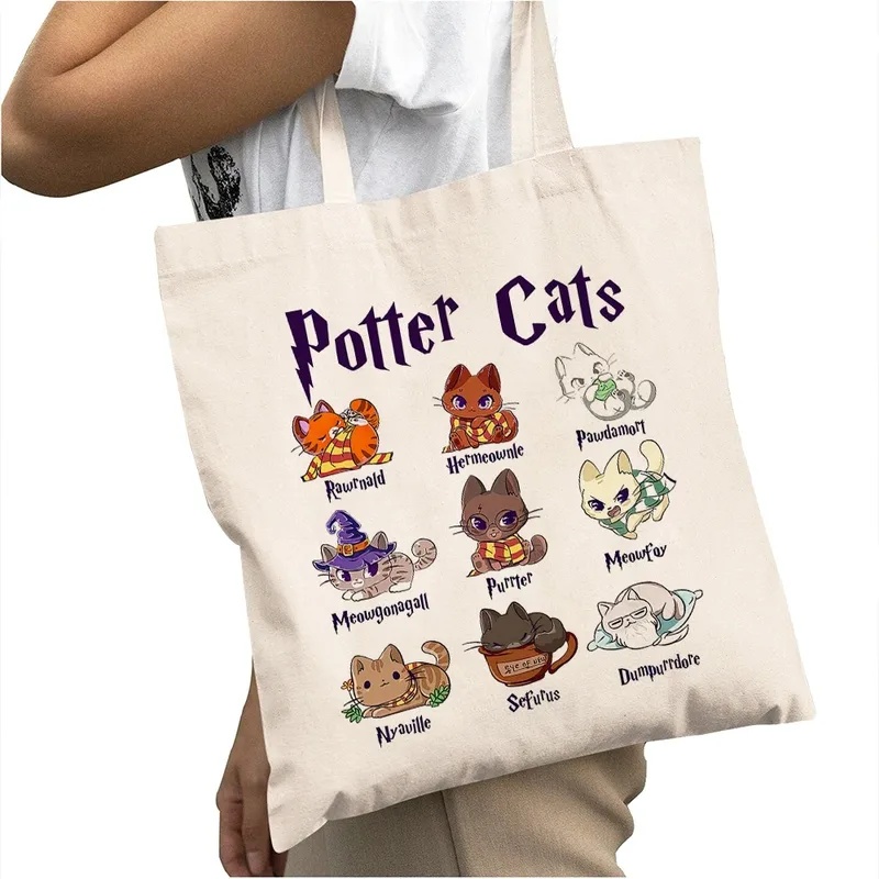 캐주얼 카툰 포터 고양이 여성 쇼핑백 더블 프린트 캐주 - Tote Bag Canvas Print 리뷰 및 가격