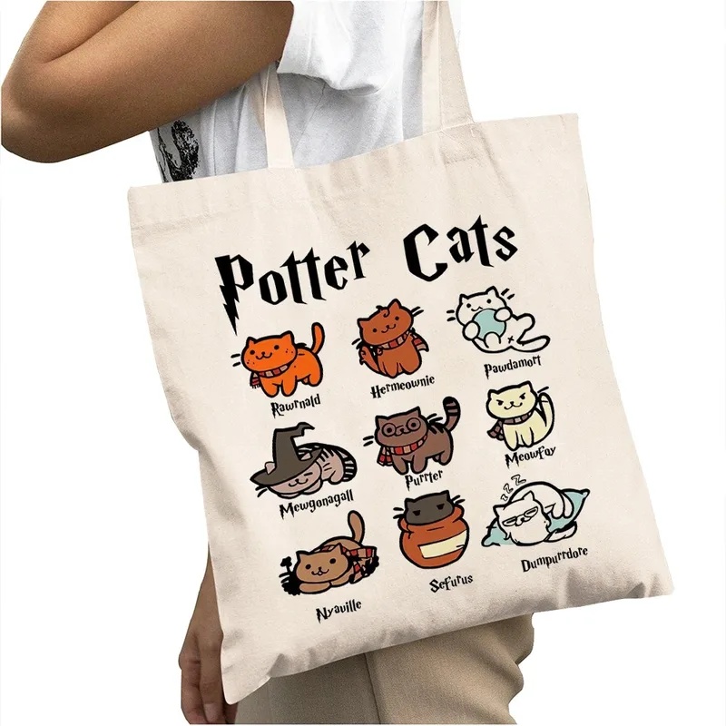 캐주얼 카툰 포터 고양이 여성 쇼핑백 더블 프린트 캐주 - Tote Bag Canvas Print 리뷰 및 가격