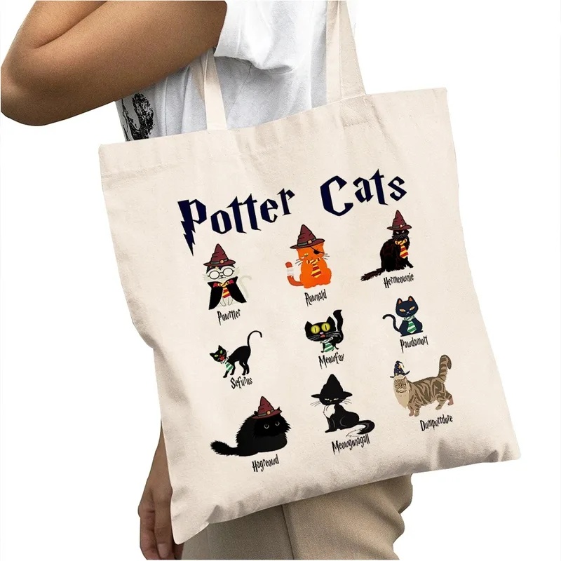 캐주얼 카툰 포터 고양이 여성 쇼핑백 더블 프린트 캐주 - Tote Bag Canvas Print 리뷰 및 가격
