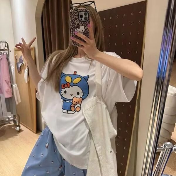 반팔 헬로 키티 프린트 티셔츠 산리오 여성 여름 새로운 - Street Fashion Designers 리뷰 및 가격