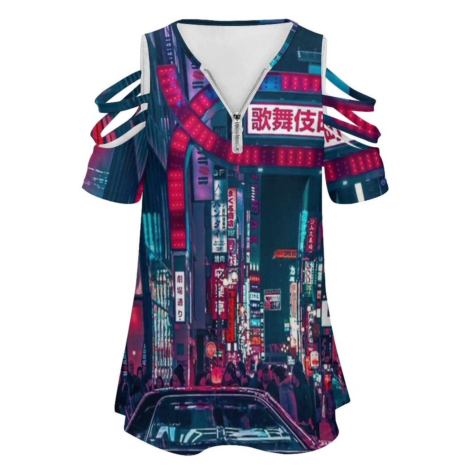 여성 캐주얼 프린트 지퍼 티셔츠, 브이넥 반팔 티셔츠, - Street Fashion Of Japan 리뷰 및 가격