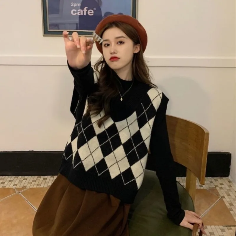 여성용 니트 스웨터 조끼, 아가일 하라주쿠 하이 스트리 - Street Fashion Of Japan 리뷰 및 가격
