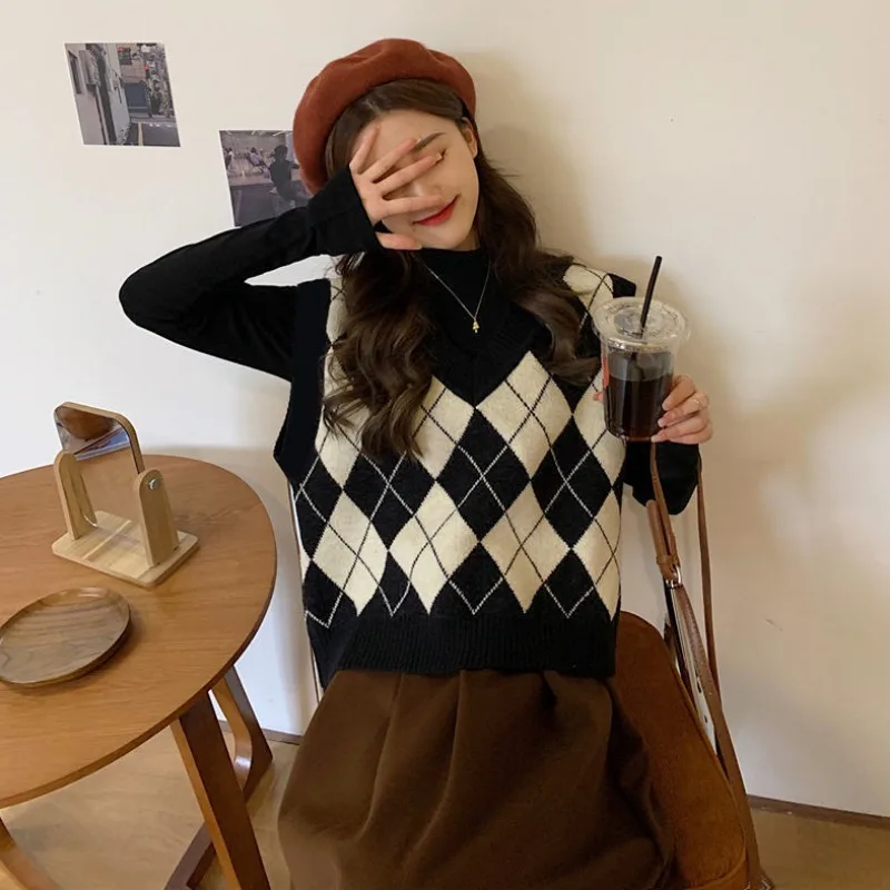 여성용 니트 스웨터 조끼, 아가일 하라주쿠 하이 스트리 - Street Fashion Of Japan 리뷰 및 가격
